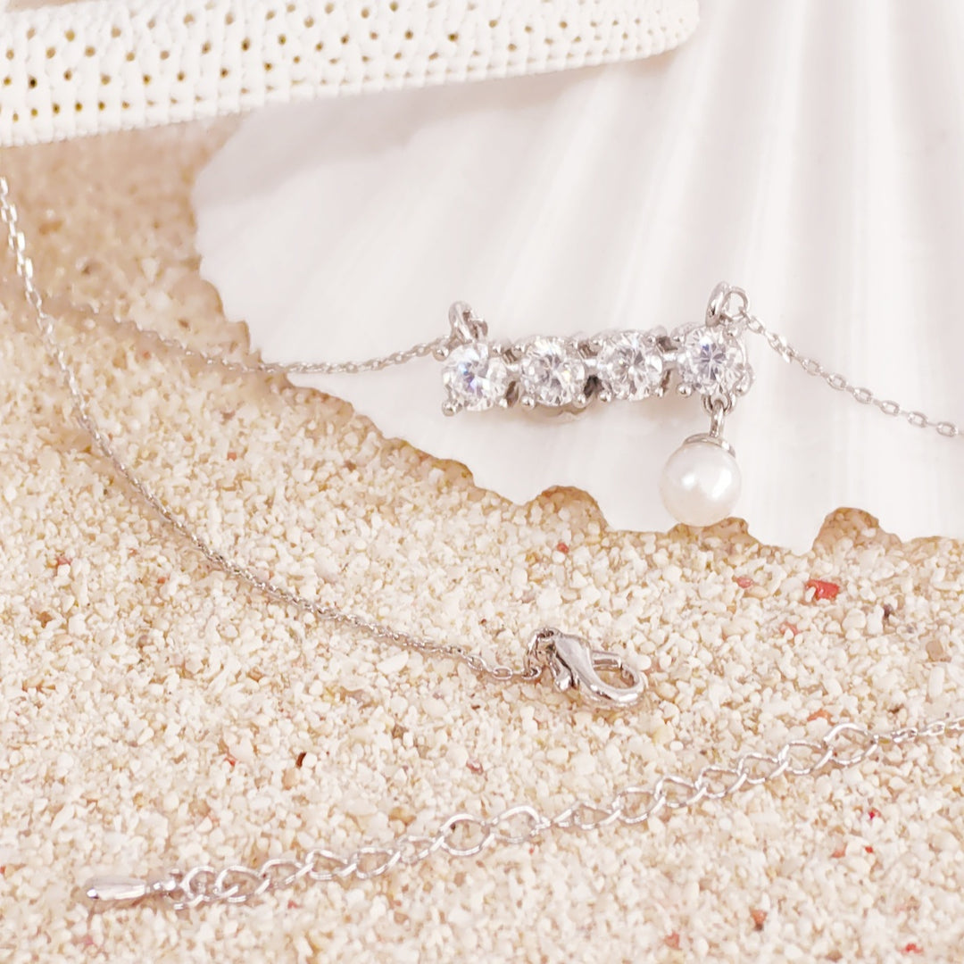 SO SEOUL Everleigh Solitaire Dangle White Pearl Diamond Simulant Cubic Zirconia Fixed Chain Necklace