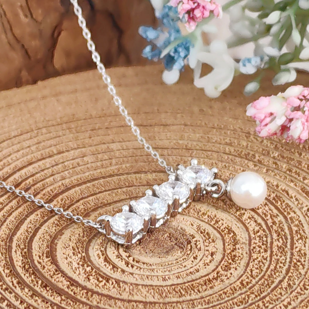 SO SEOUL Everleigh Solitaire Dangle White Pearl Diamond Simulant Cubic Zirconia Fixed Chain Necklace