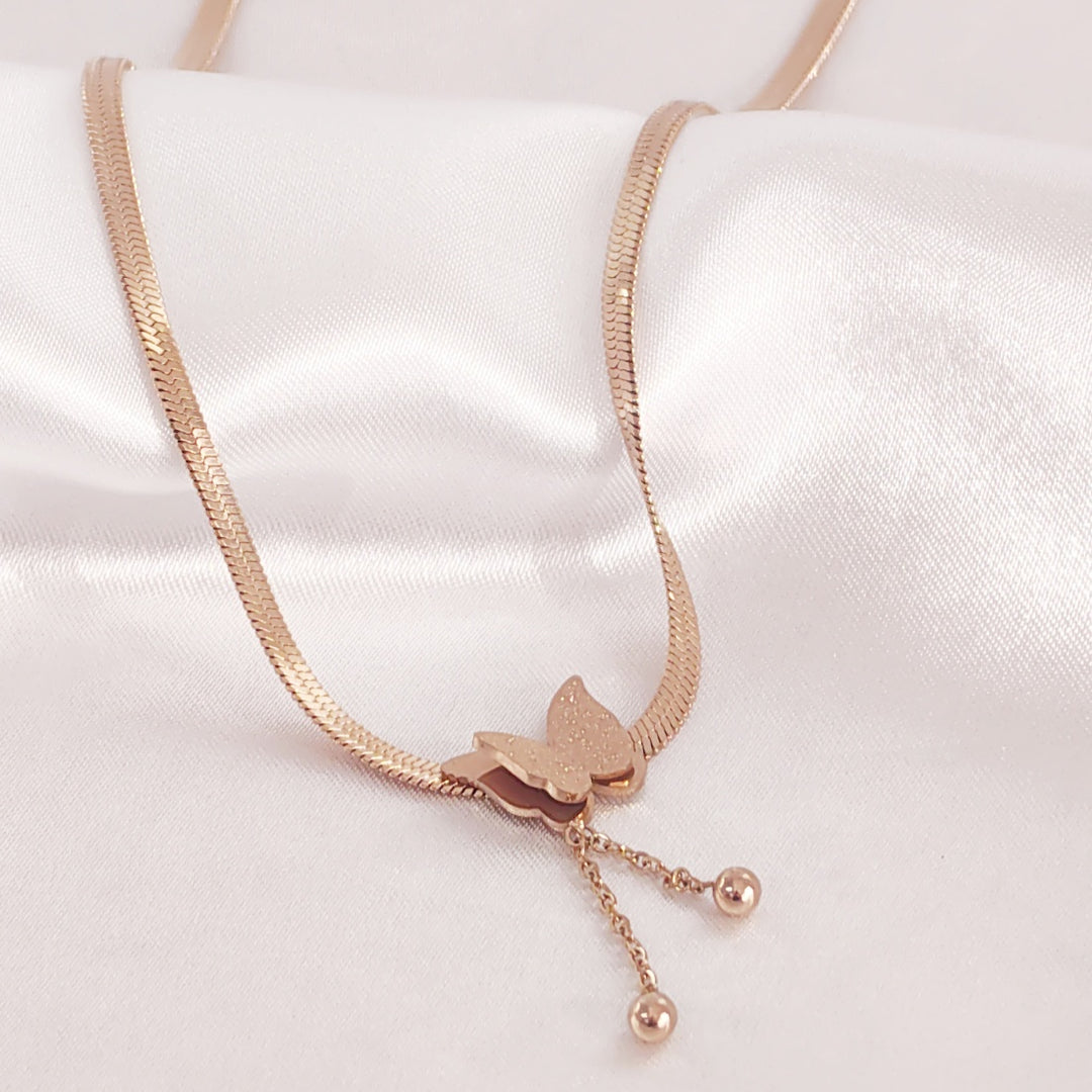 SO SEOUL Caria Butterfly Double Tassel Chain with Dangling Beads Ball Rose Gold Fixed Chain Necklace