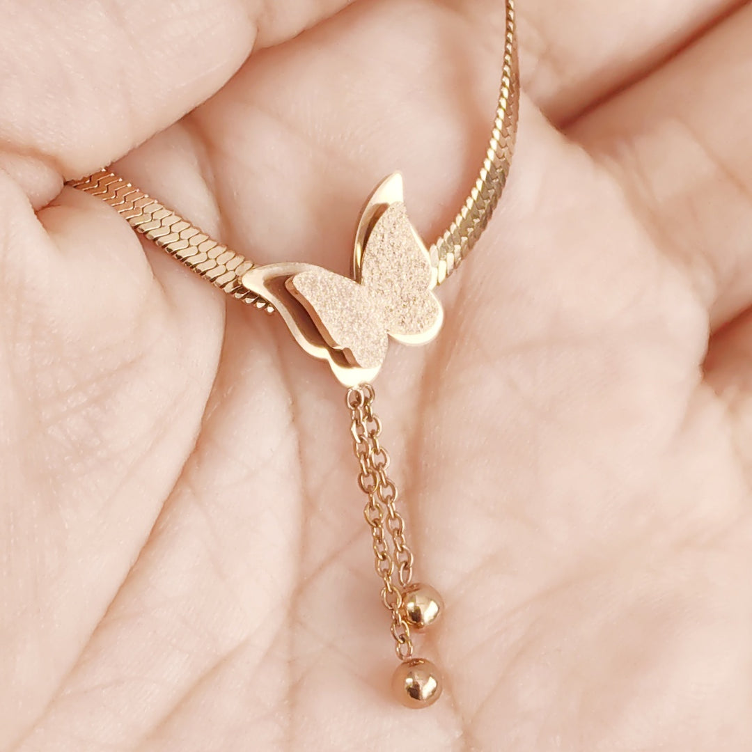 SO SEOUL Caria Butterfly Double Tassel Chain with Dangling Beads Ball Rose Gold Fixed Chain Necklace