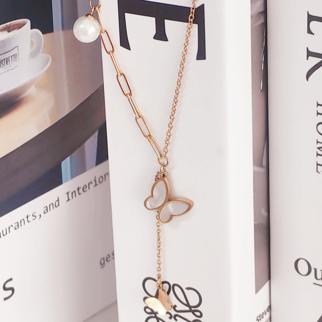 SO SEOUL Caria Butterfly Whisper Mother of Pearl with Pearl Rose Gold Fixed Necklace