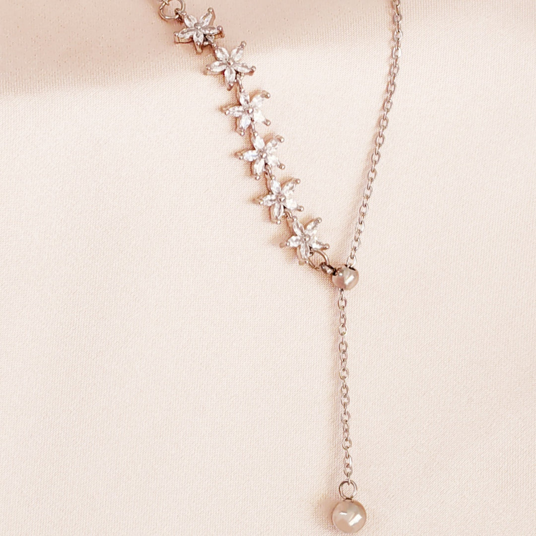 SO SEOUL Everleigh Drop Flower Dangle Diamond Simulant Cubic Zirconia Fixed Necklace