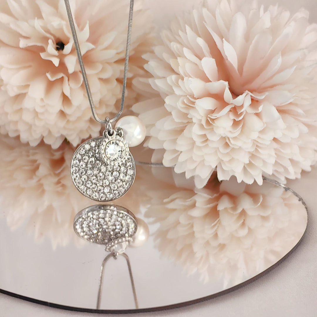 SO SEOUL Glimmer Circle Pearl Necklace with Austrian Crystal Charm, Long Chain Gift for Women