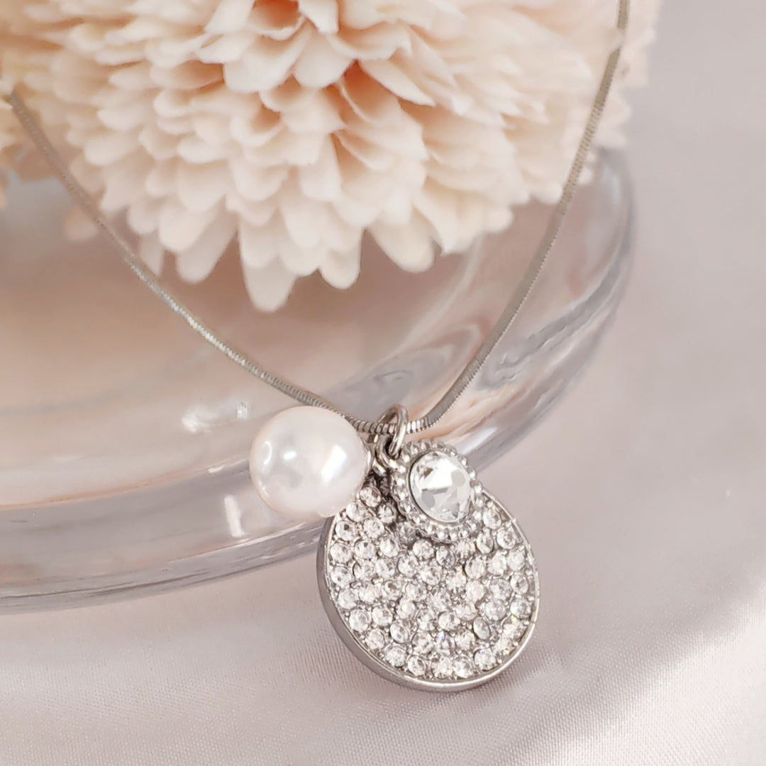 SO SEOUL Glimmer Circle Pearl Necklace with Austrian Crystal Charm, Long Chain Gift for Women