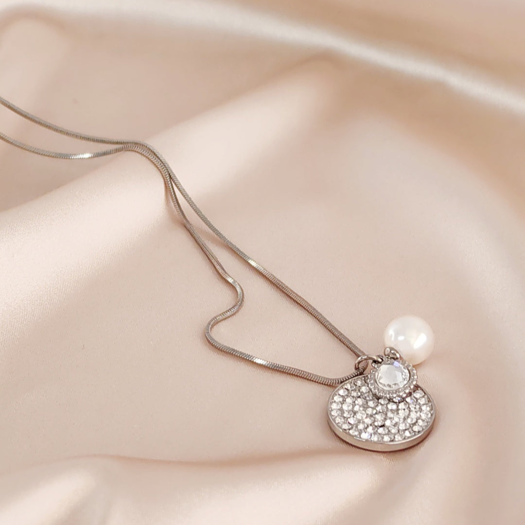 SO SEOUL Glimmer Circle Pearl Necklace with Austrian Crystal Charm, Long Chain Gift for Women