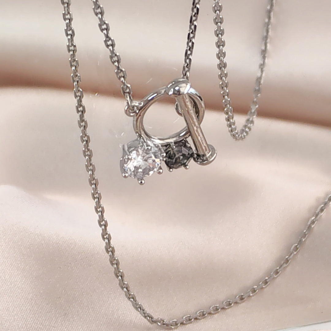 SO SEOUL Eleanor White and Grey Diamond Simulant Zircon Solitaire Fixed Chain T-Bar Lariat Necklace