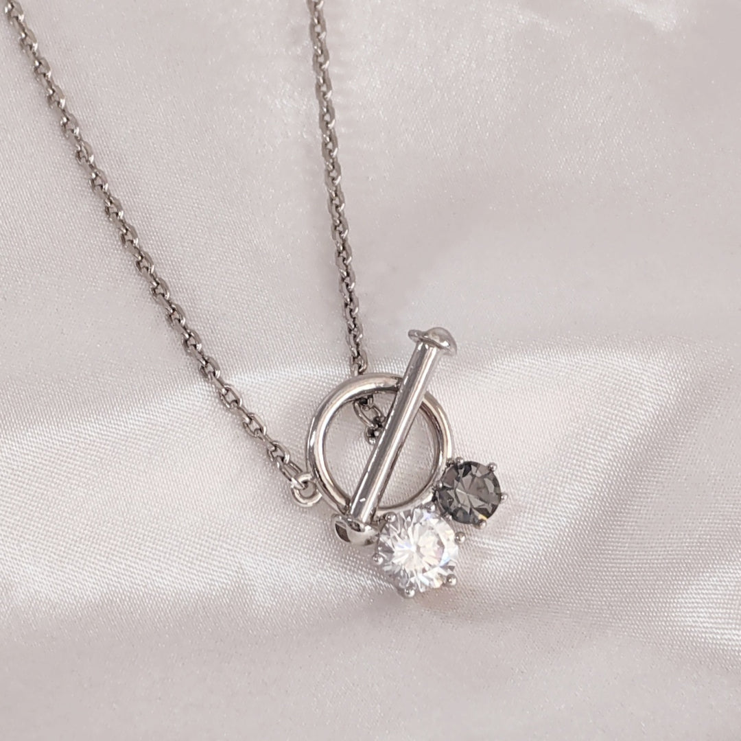 SO SEOUL Eleanor White and Grey Diamond Simulant Zircon Solitaire Fixed Chain T-Bar Lariat Necklace