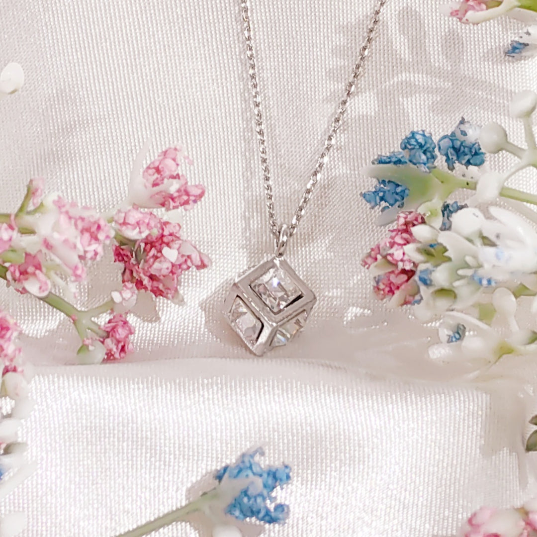 SO SEOUL Sequoia Cubie Cube 3D Rubik Cube White Square Swarovski® Crystal Pendant Chain Necklace