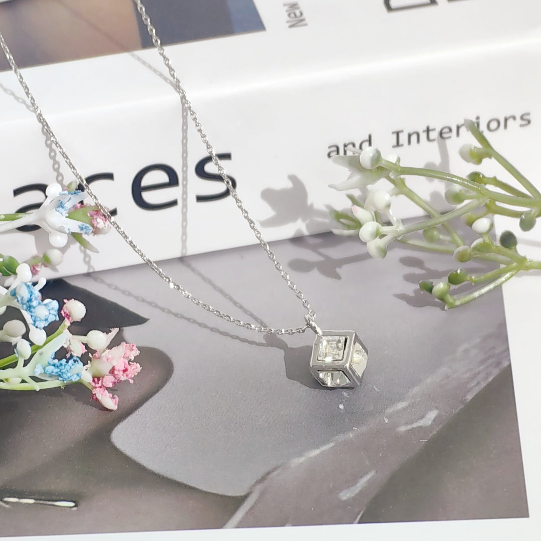 SO SEOUL Sequoia Cubie Cube 3D Rubik Cube White Square Swarovski® Crystal Pendant Chain Necklace