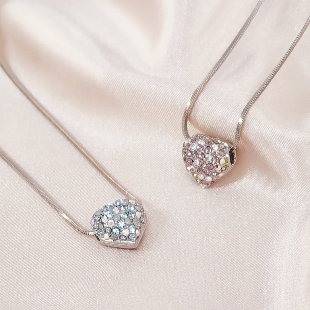 SO SEOUL Amora Love Heart Pendant Necklace – Sparkling Austrian Crystal (Lavender Pink, Aqua Blue)