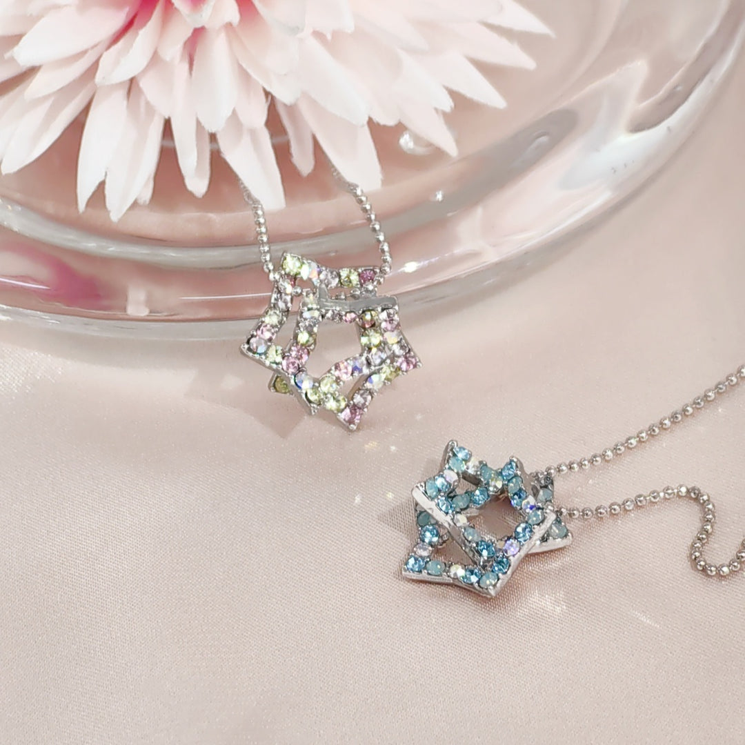 SO SEOUL Aster Double Star in Mixed Colored Austrian Crystal Pendant Chain Necklace