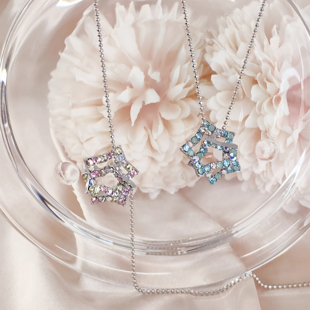 SO SEOUL Aster Double Star in Mixed Colored Austrian Crystal Pendant Chain Necklace