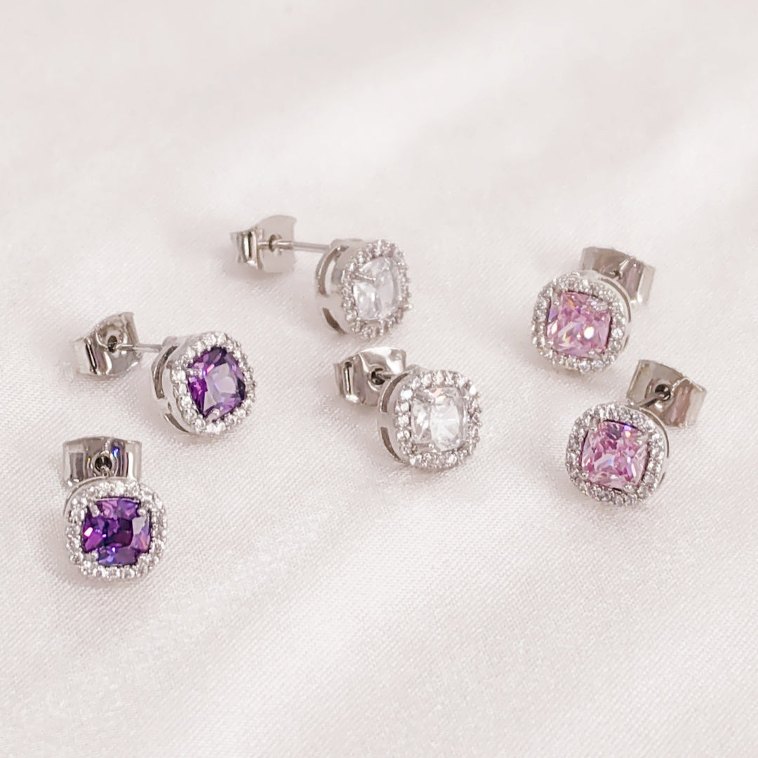 SO SEOUL Halo Cushion Cut Square Shaped Diamond Simulant Cubic Zirconia Pierced Stud Earrings