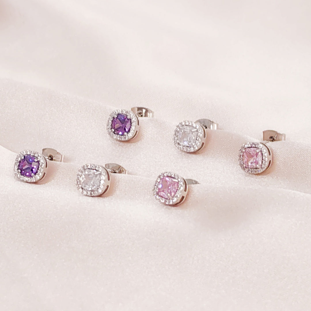 SO SEOUL Halo Cushion Cut Square Shaped Diamond Simulant Cubic Zirconia Pierced Stud Earrings