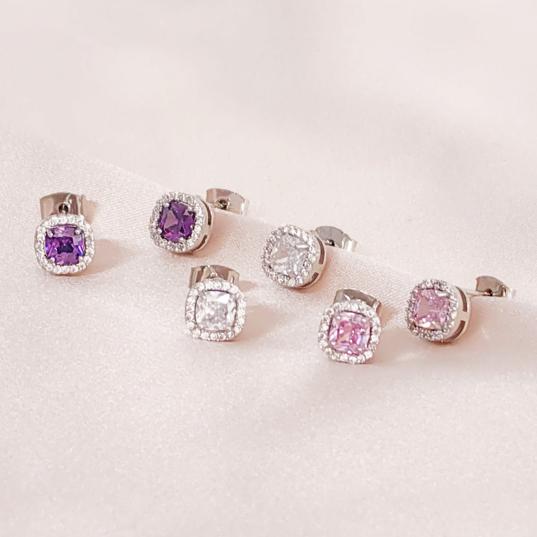 SO SEOUL Halo Cushion Cut Square Shaped Diamond Simulant Cubic Zirconia Pierced Stud Earrings