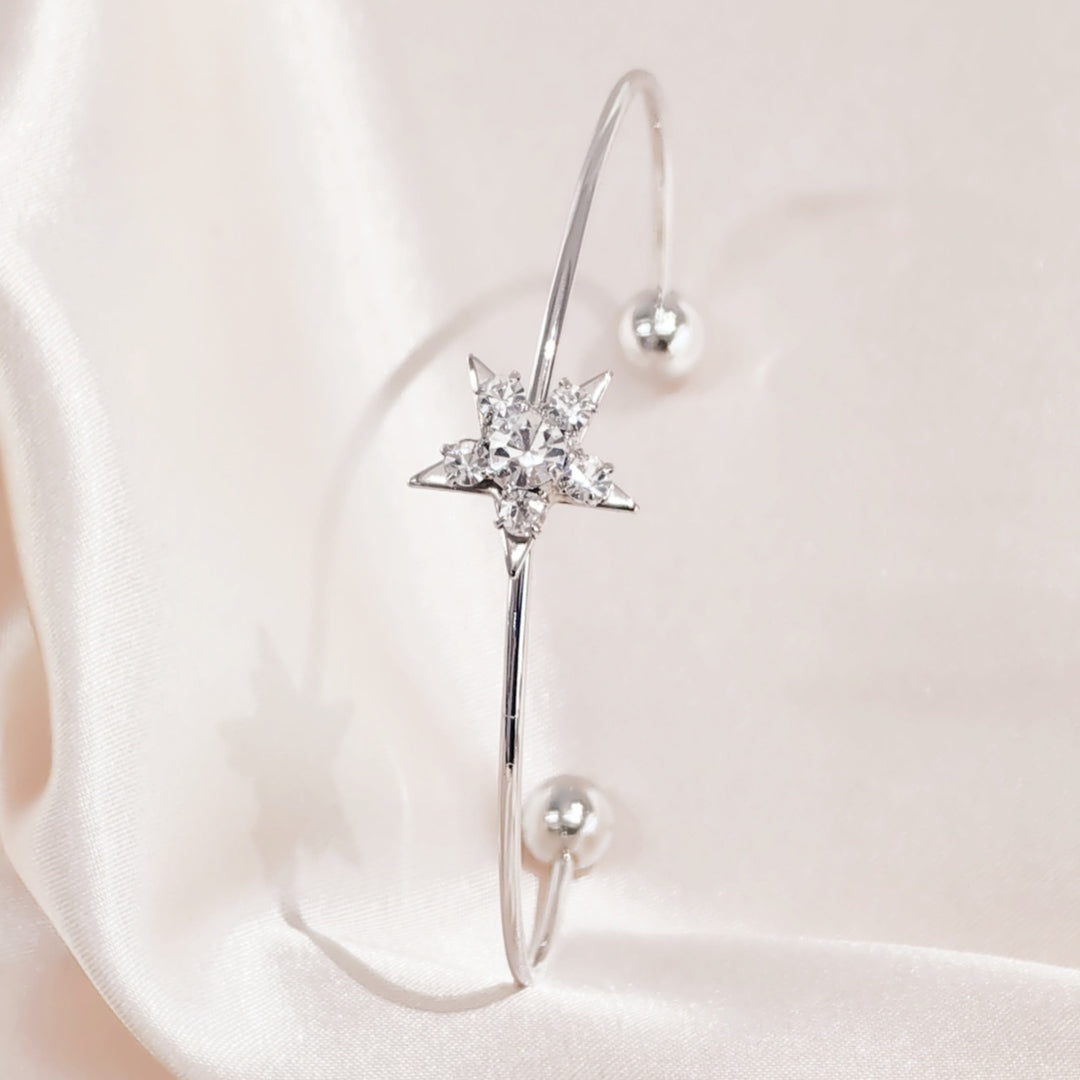 SO SEOUL Aster Star Surrounded with Round White Austrian Crystal Adjustable Cuff Bangle