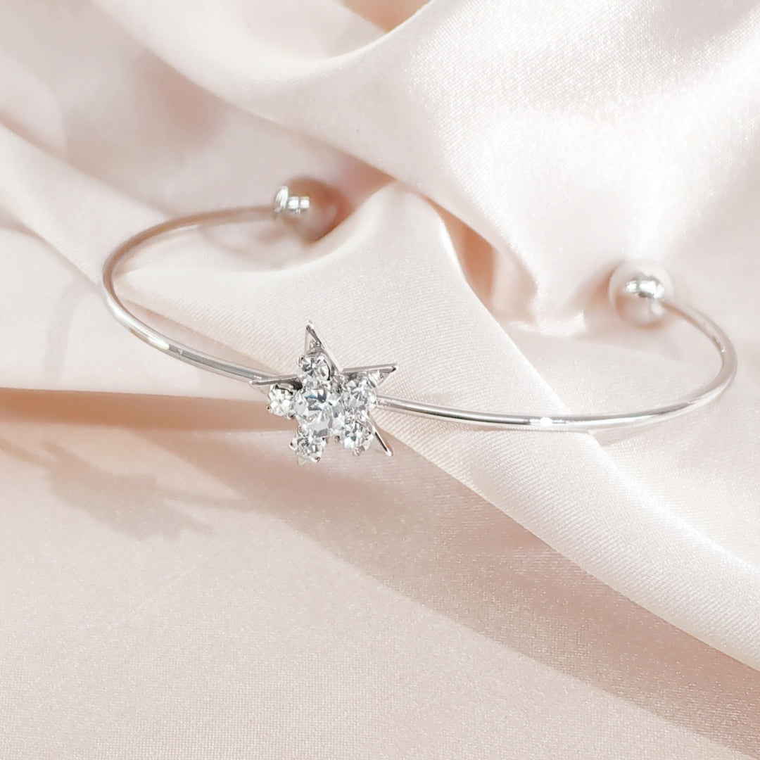 SO SEOUL Aster Star Surrounded with Round White Austrian Crystal Adjustable Cuff Bangle