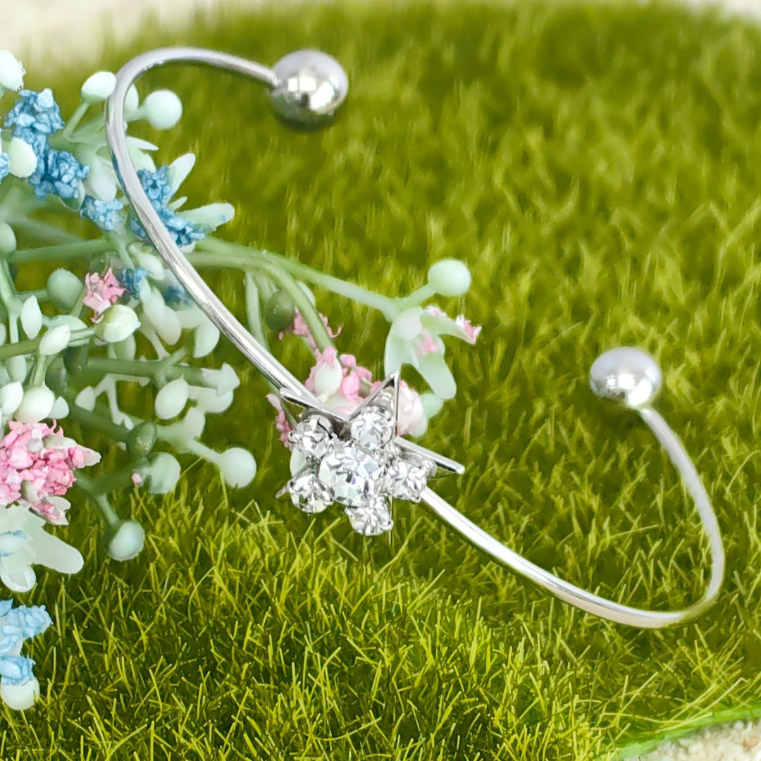 SO SEOUL Aster Star Surrounded with Round White Austrian Crystal Adjustable Cuff Bangle
