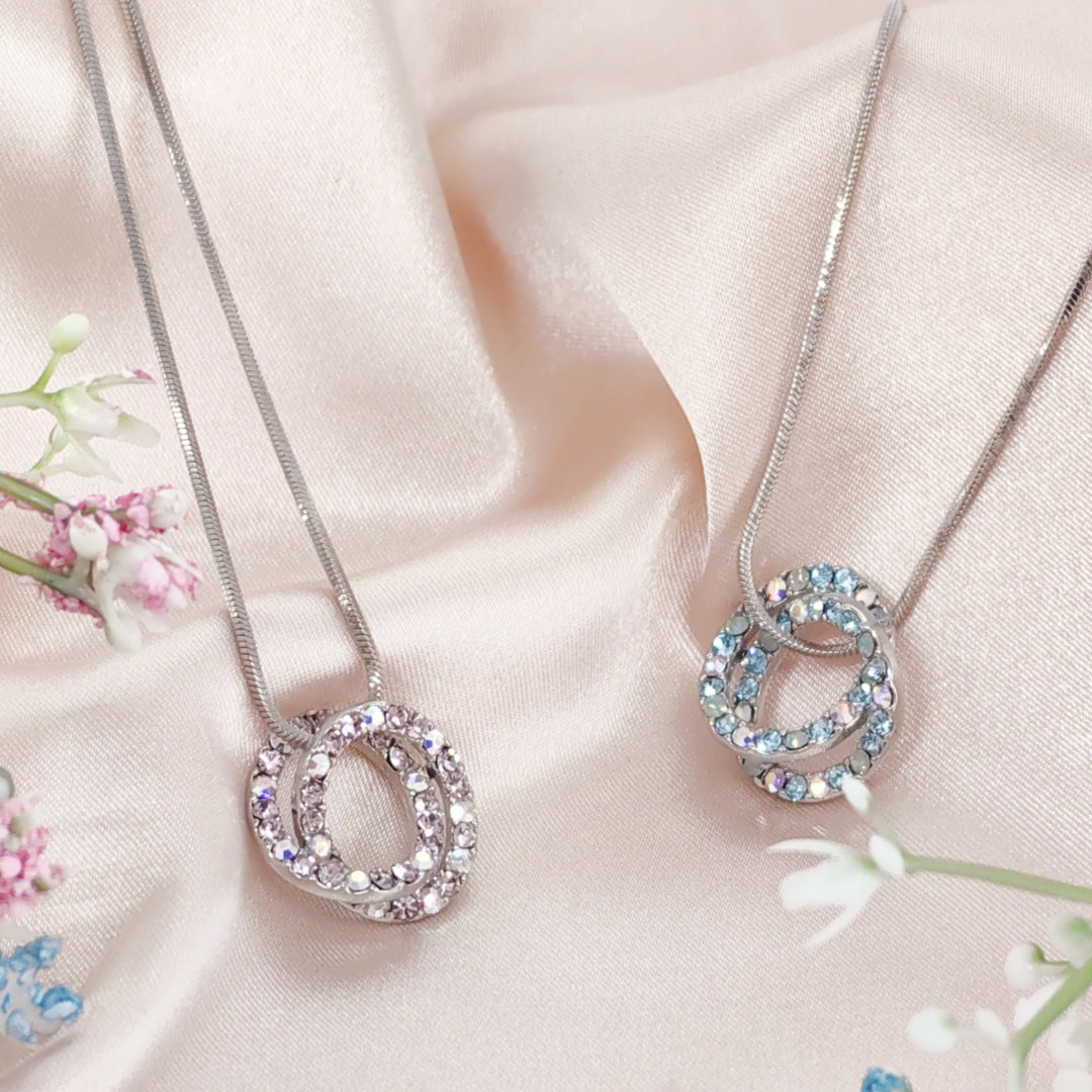 SO SEOUL Glimmer Double Circle Interlocking Mixed Colored Austrian Crystal Pendant Chain Necklace