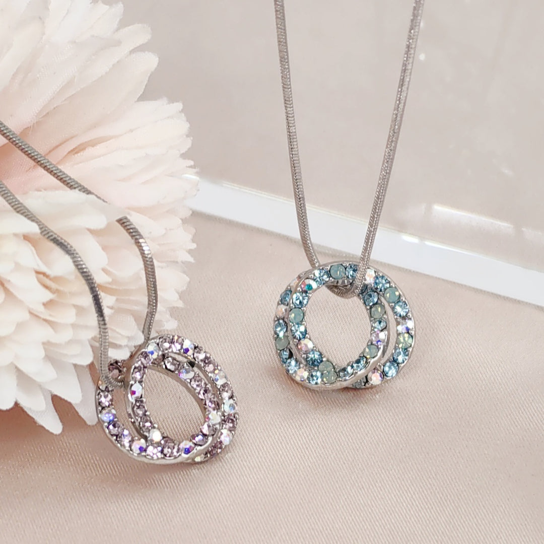 SO SEOUL Glimmer Double Circle Interlocking Mixed Colored Austrian Crystal Pendant Chain Necklace