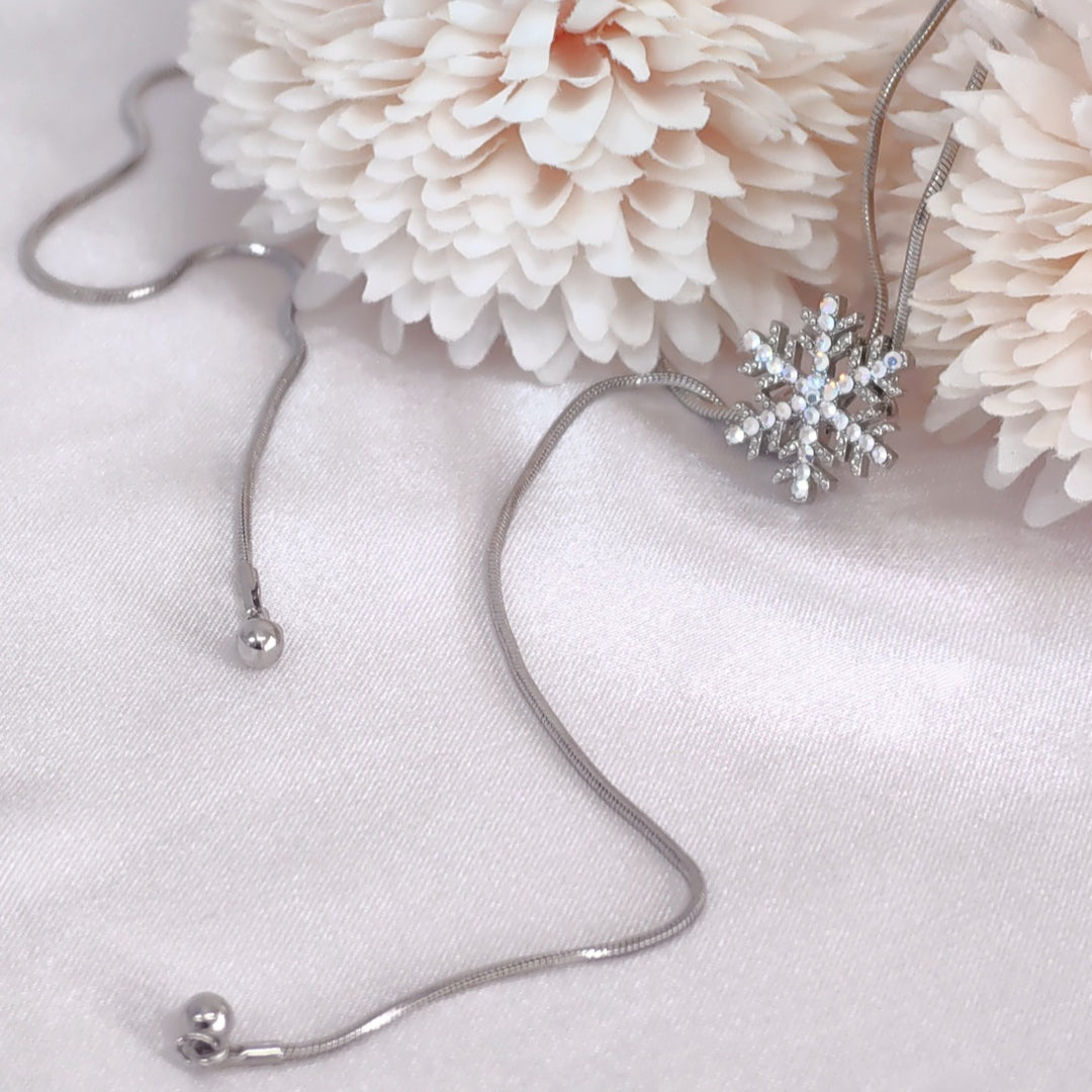 SO SEOUL Let It Snow Necklace – Snowflake Crystal Slidable Lariat, Aurore Boreale, Rhodium Plated
