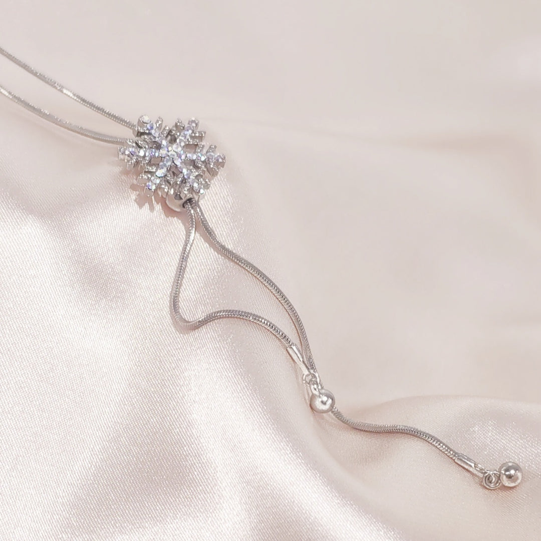 SO SEOUL Let It Snow Necklace – Snowflake Crystal Slidable Lariat, Aurore Boreale, Rhodium Plated