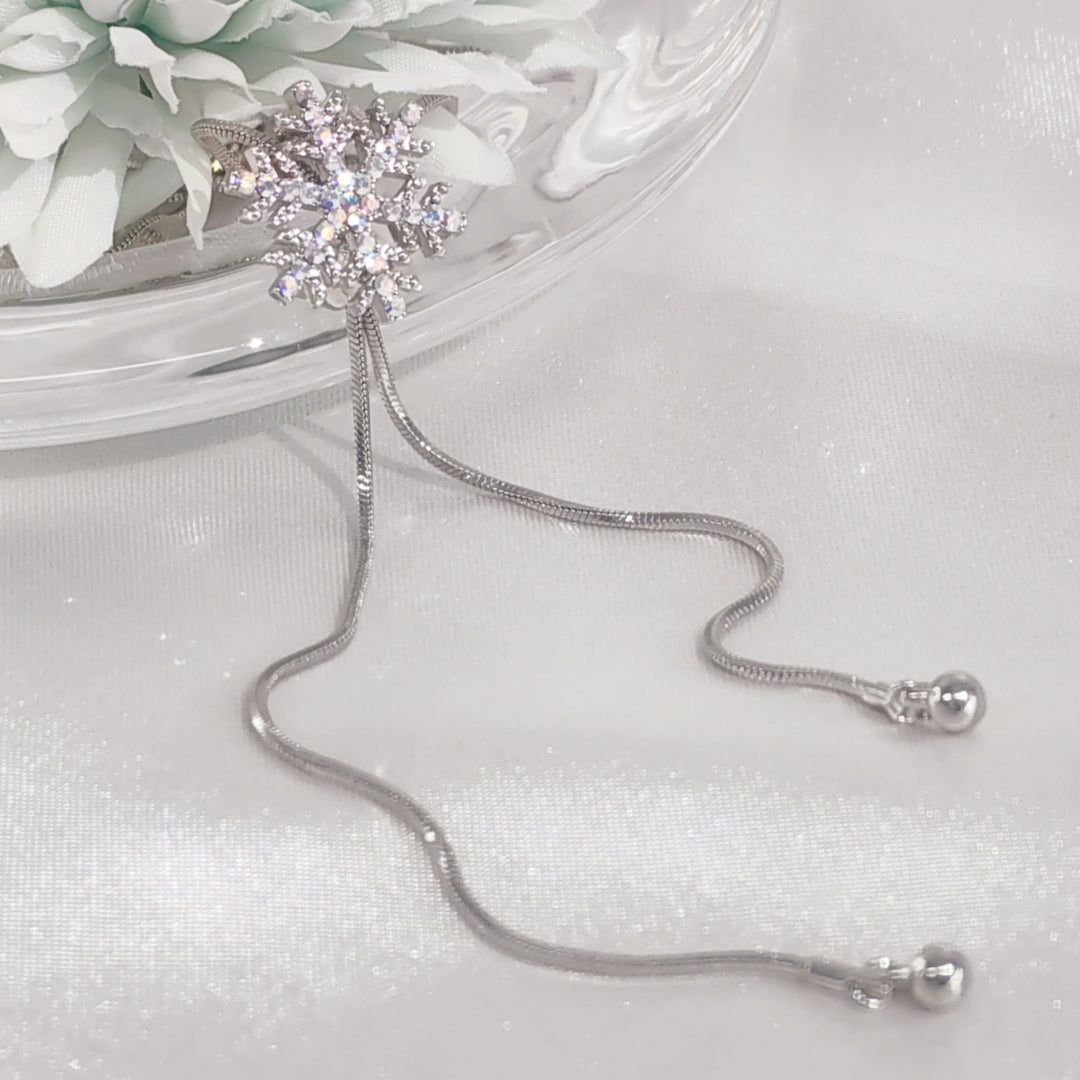 SO SEOUL Let It Snow Necklace – Snowflake Crystal Slidable Lariat, Aurore Boreale, Rhodium Plated