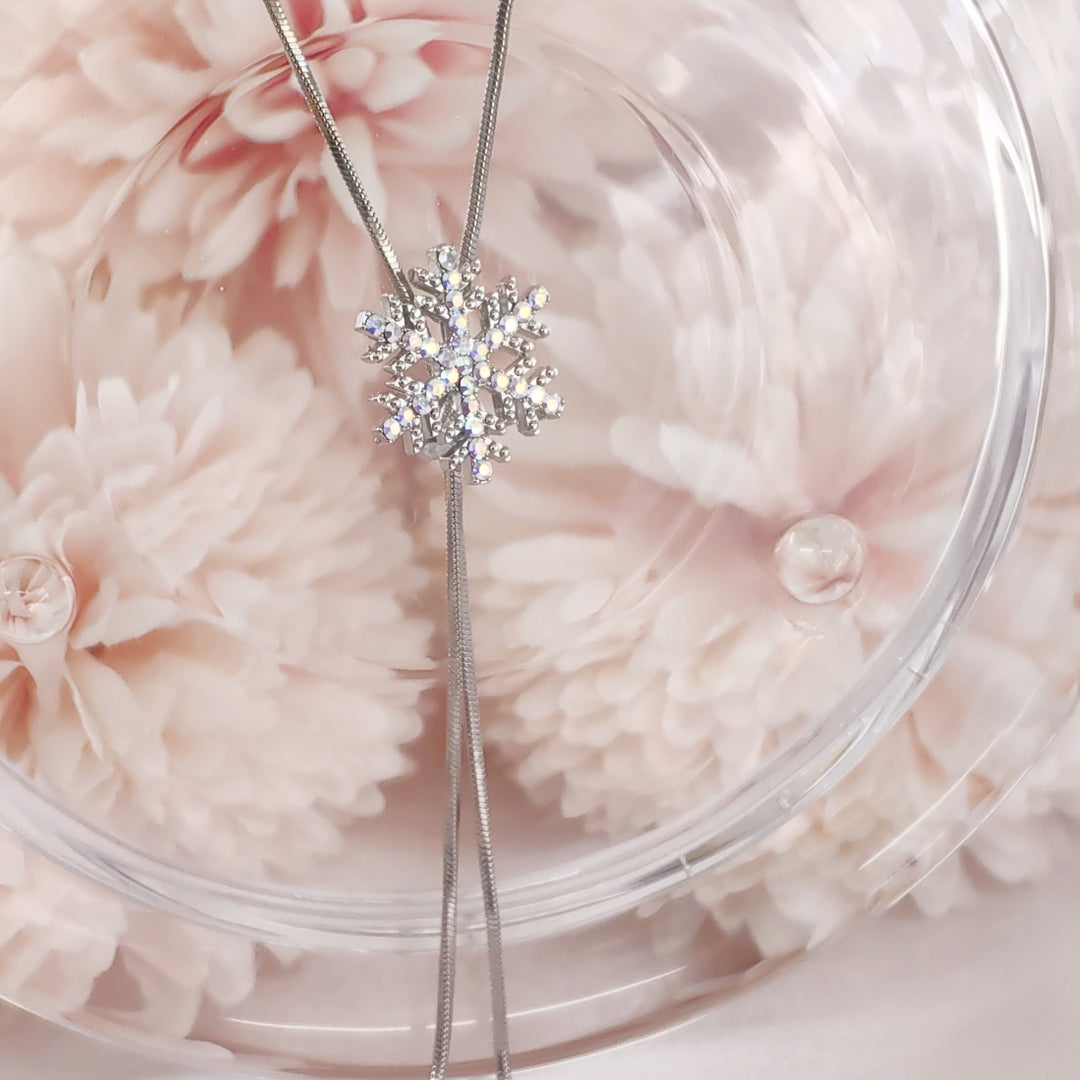 SO SEOUL Let It Snow Necklace – Snowflake Crystal Slidable Lariat, Aurore Boreale, Rhodium Plated