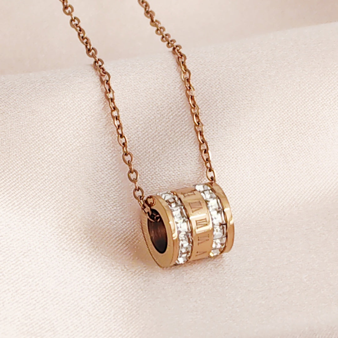 SO SEOUL Roman Numeral Rolling Barrel Diamond Simulant Cubic Zirconia Rose Gold Pendant Necklace