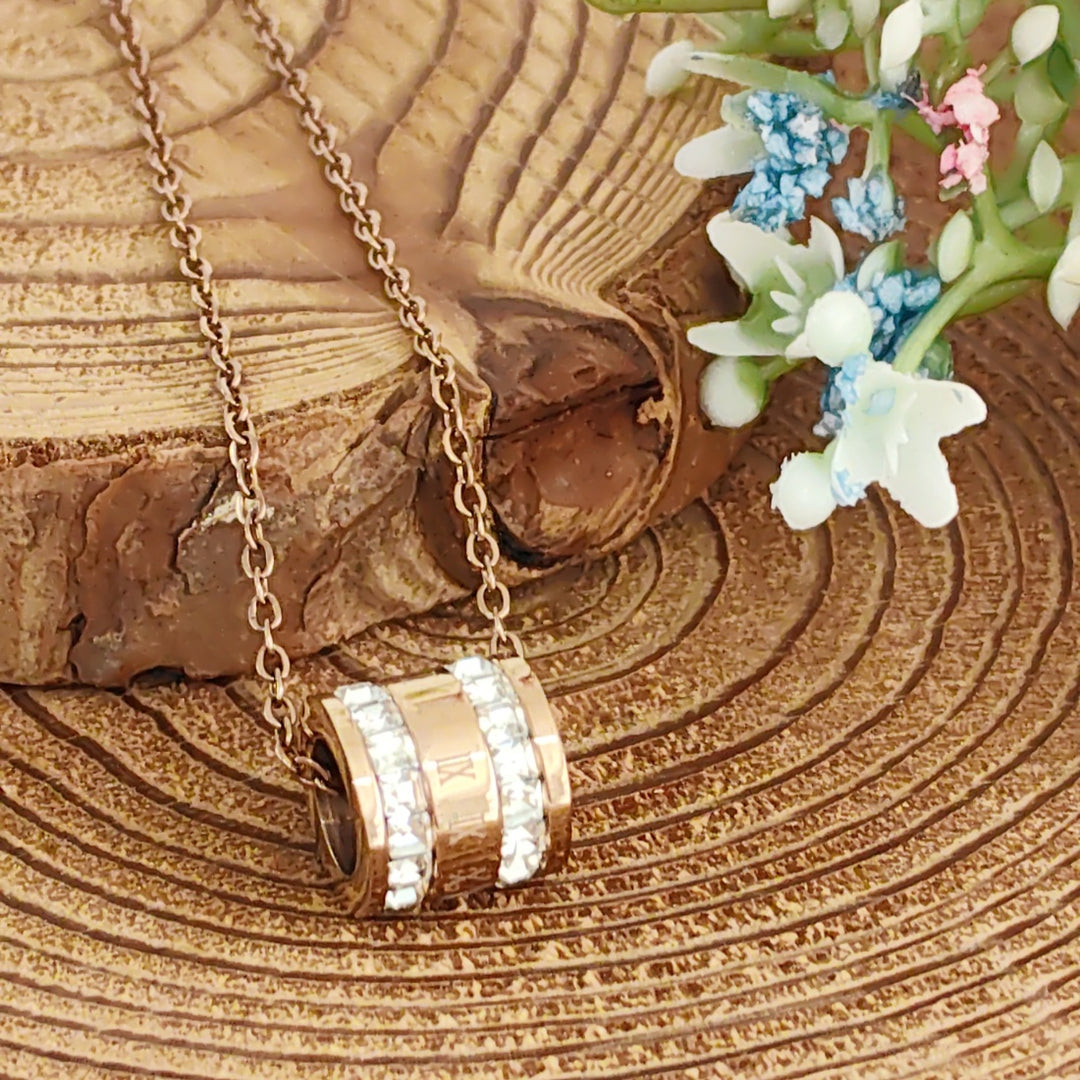 SO SEOUL Roman Numeral Rolling Barrel Diamond Simulant Cubic Zirconia Rose Gold Pendant Necklace