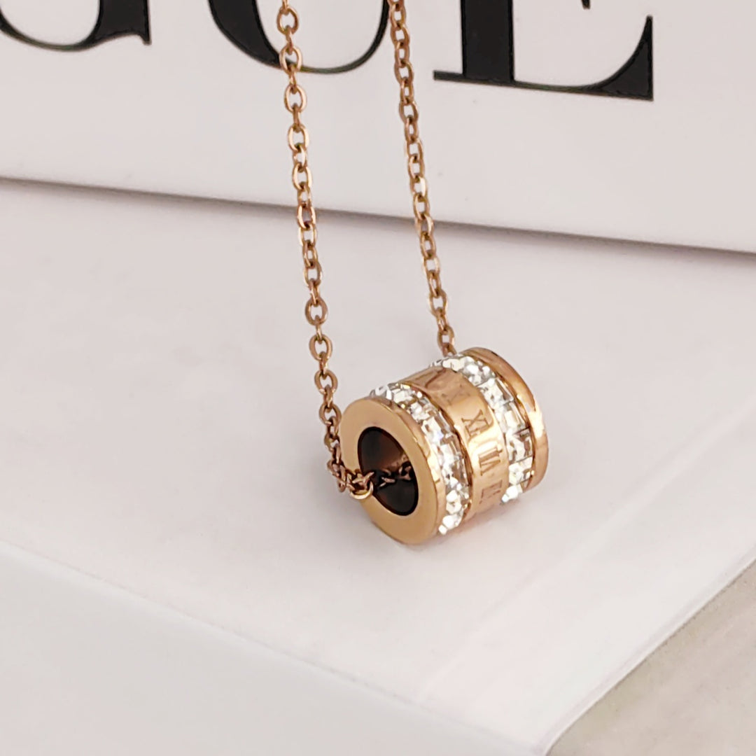 SO SEOUL Roman Numeral Rolling Barrel Diamond Simulant Cubic Zirconia Rose Gold Pendant Necklace