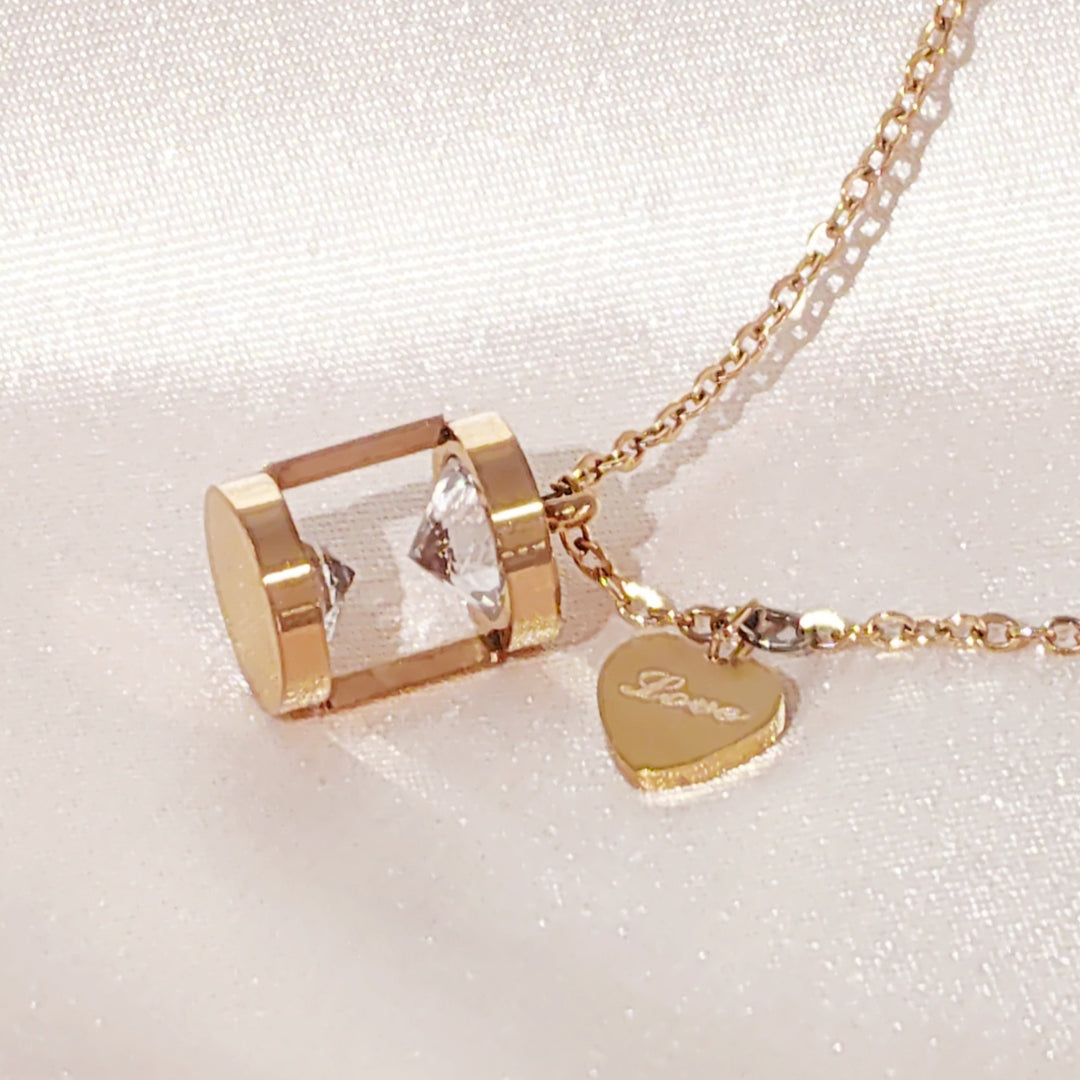 SO SEOUL Eleanor Hourglass Necklace – Rose Gold Chain with Side Heart & CZ Diamond Simulant Charm