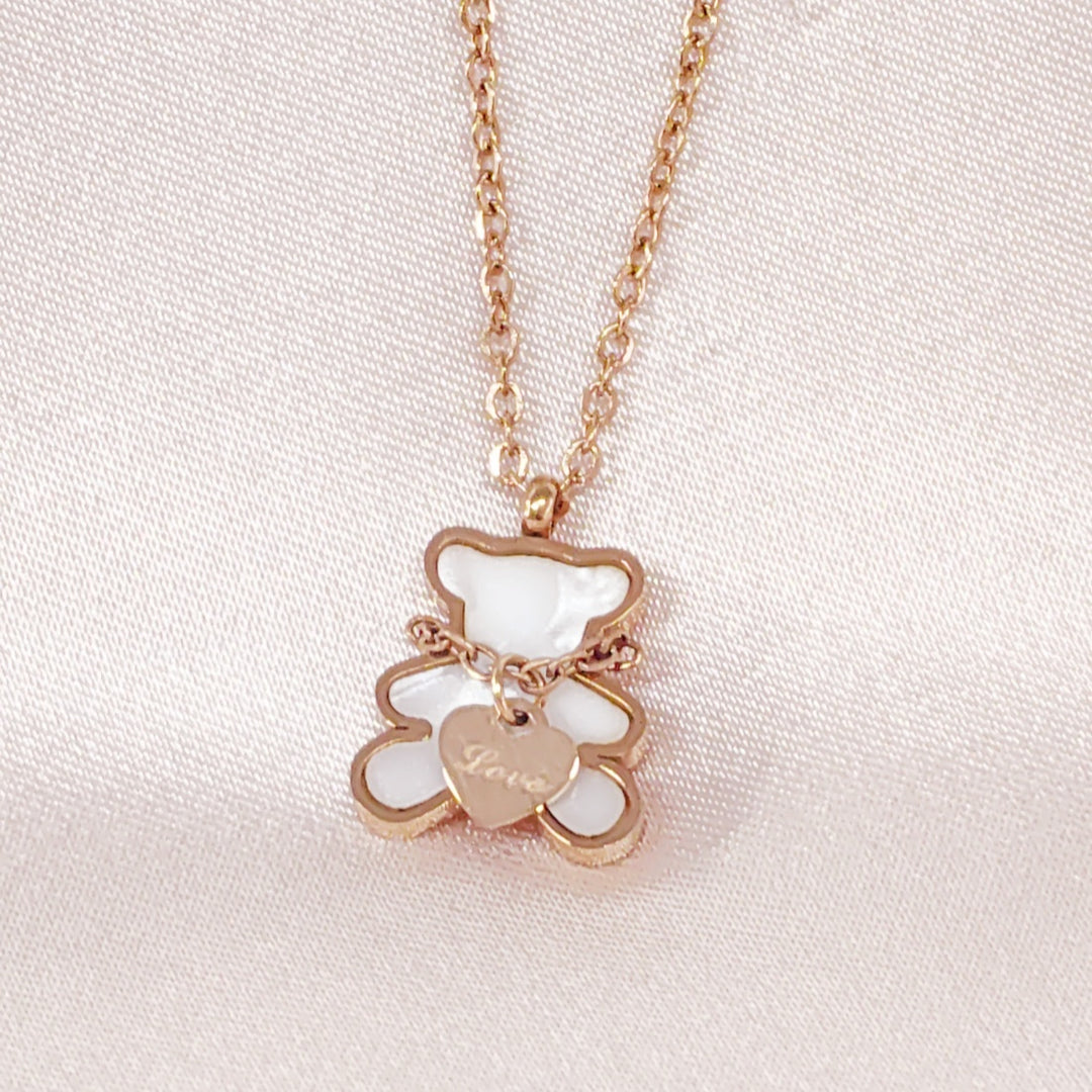 SO SEOUL Pretty Teddy Bear Chain on Neck Mother of Pearl Rose Gold Pendant Necklace