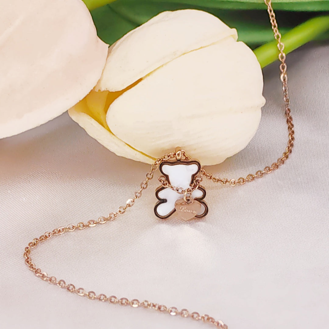 SO SEOUL Pretty Teddy Bear Chain on Neck Mother of Pearl Rose Gold Pendant Necklace