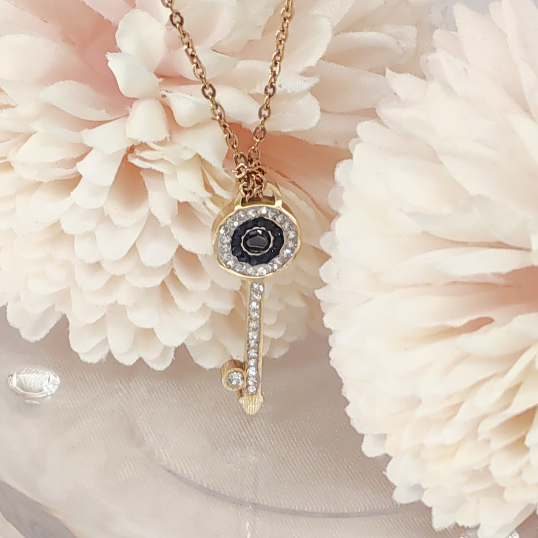 SO SEOUL Infinite Love Key Tied Knot White/Montana Austrian Crystal Rose Gold Fixed Chain Necklace