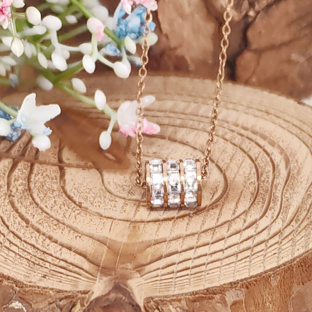 SO SEOUL Aurelia Triple Rolling Barrel Square Diamond Simulant Zircon Rose Gold Pendant Necklace