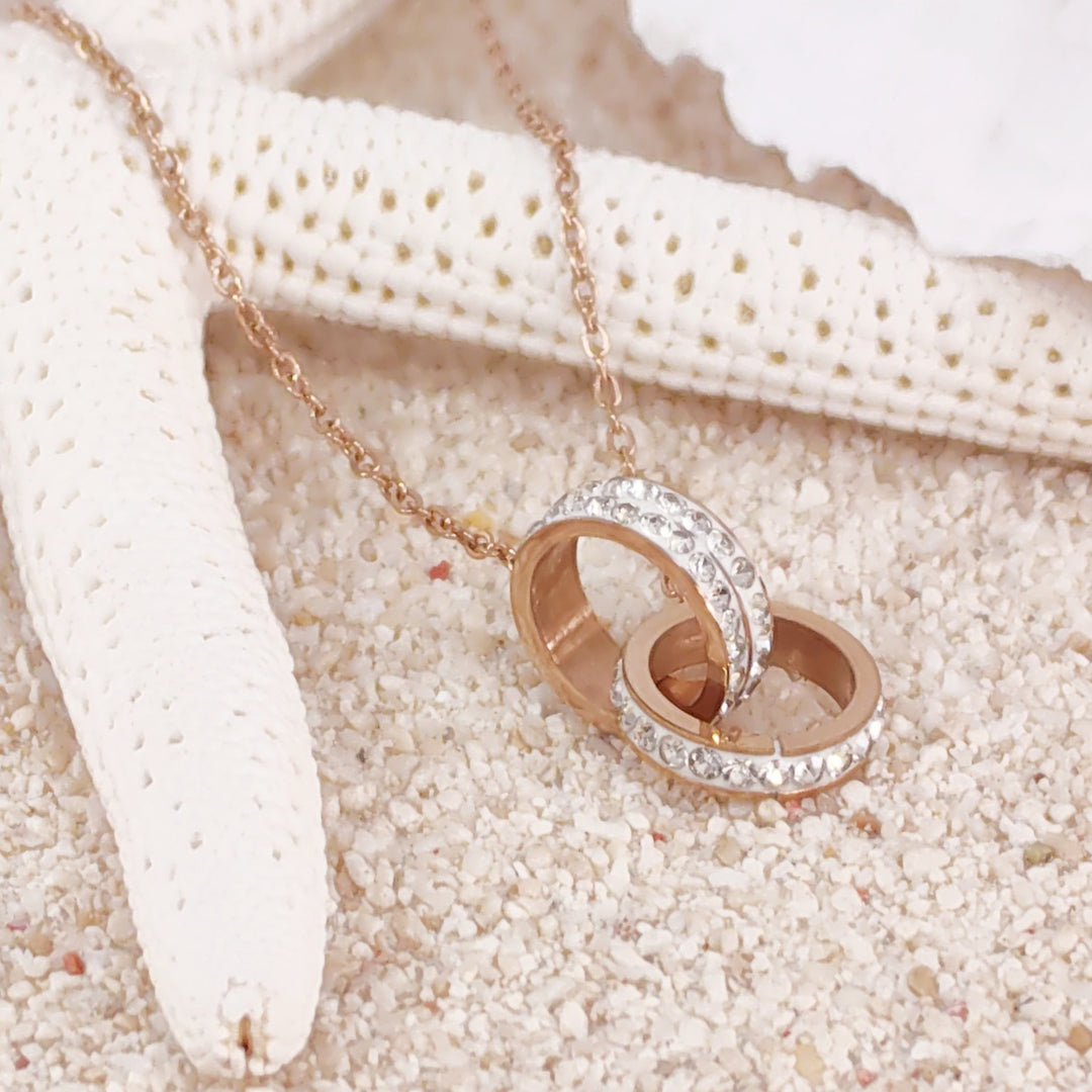 SO SEOUL Aurelia Barrel Double Circle Interlocking Austrian Crystal Rose Gold Pendant Chain Necklace