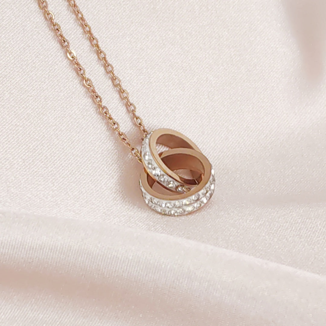 SO SEOUL Aurelia Barrel Double Circle Interlocking Austrian Crystal Rose Gold Pendant Chain Necklace