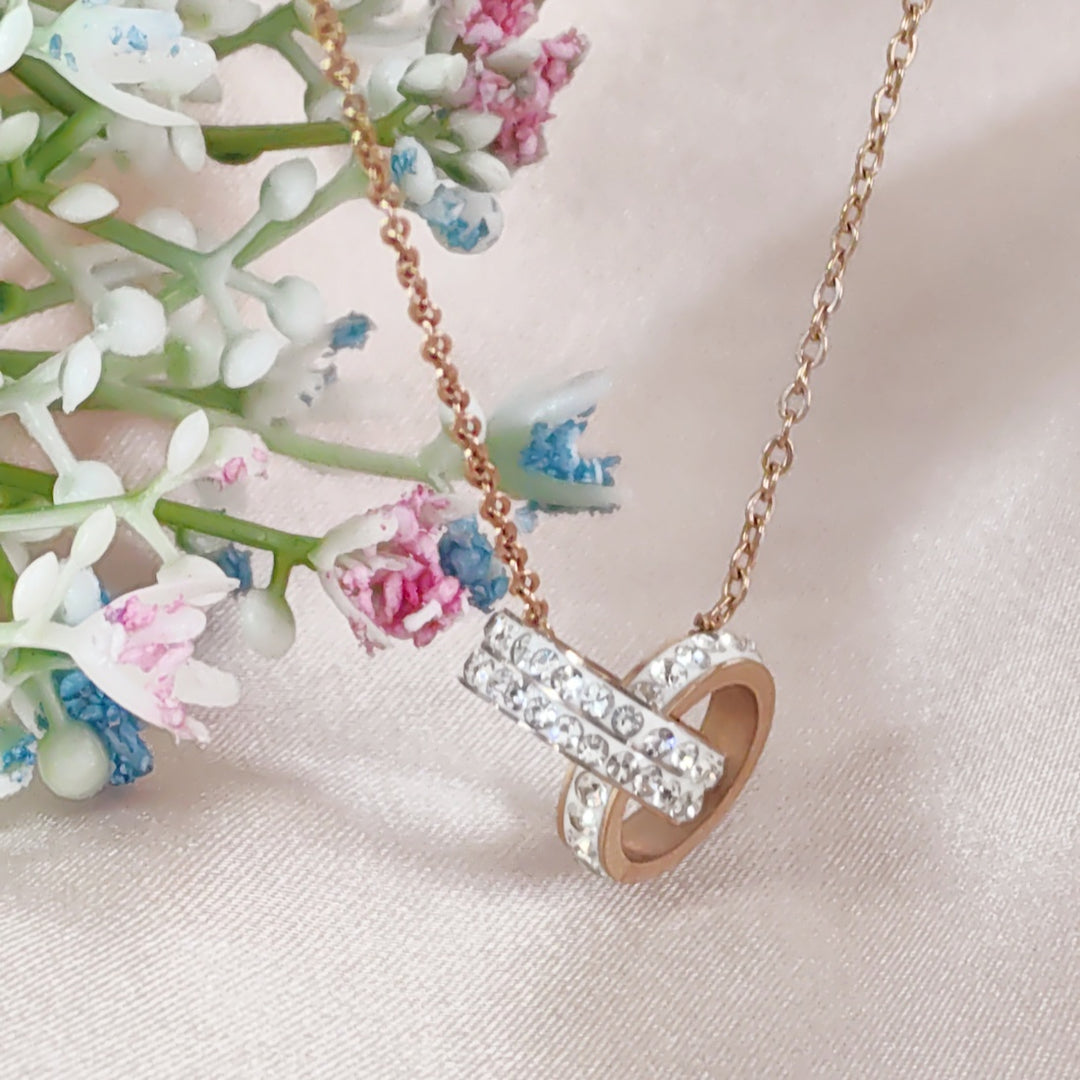 SO SEOUL Aurelia Barrel Double Circle Interlocking Austrian Crystal Rose Gold Pendant Chain Necklace