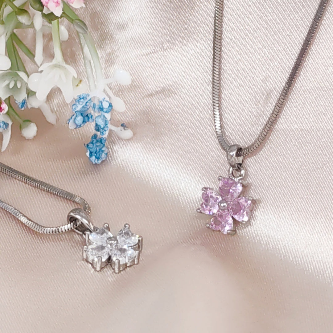 SO SEOUL Alette Clover Diamond Simulant Cubic Zirconia Necklace – Pink & White Pendant