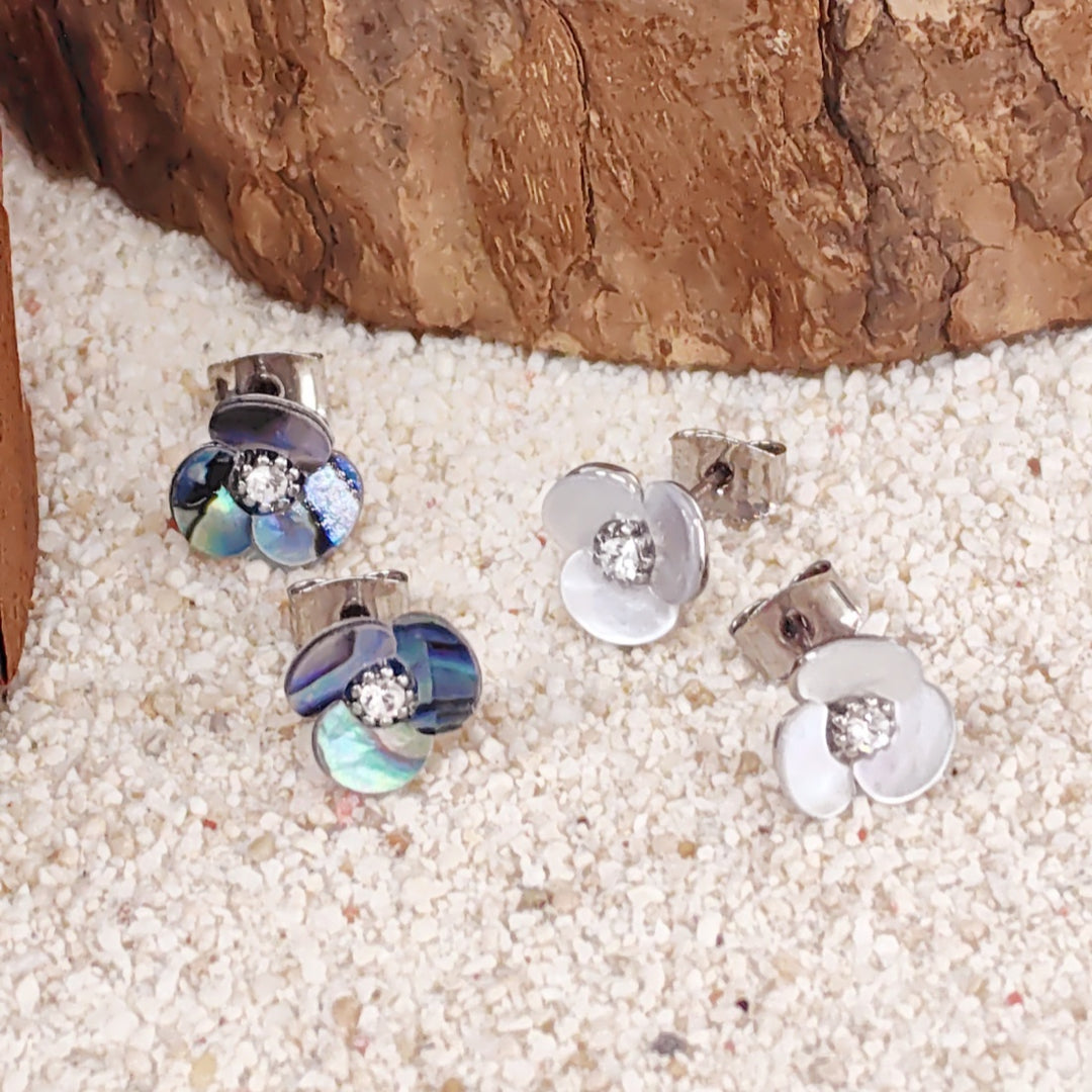 SO SEOUL Claire Mother of Pearl or Abalone Shell Three Flower Petal Stud Earrings