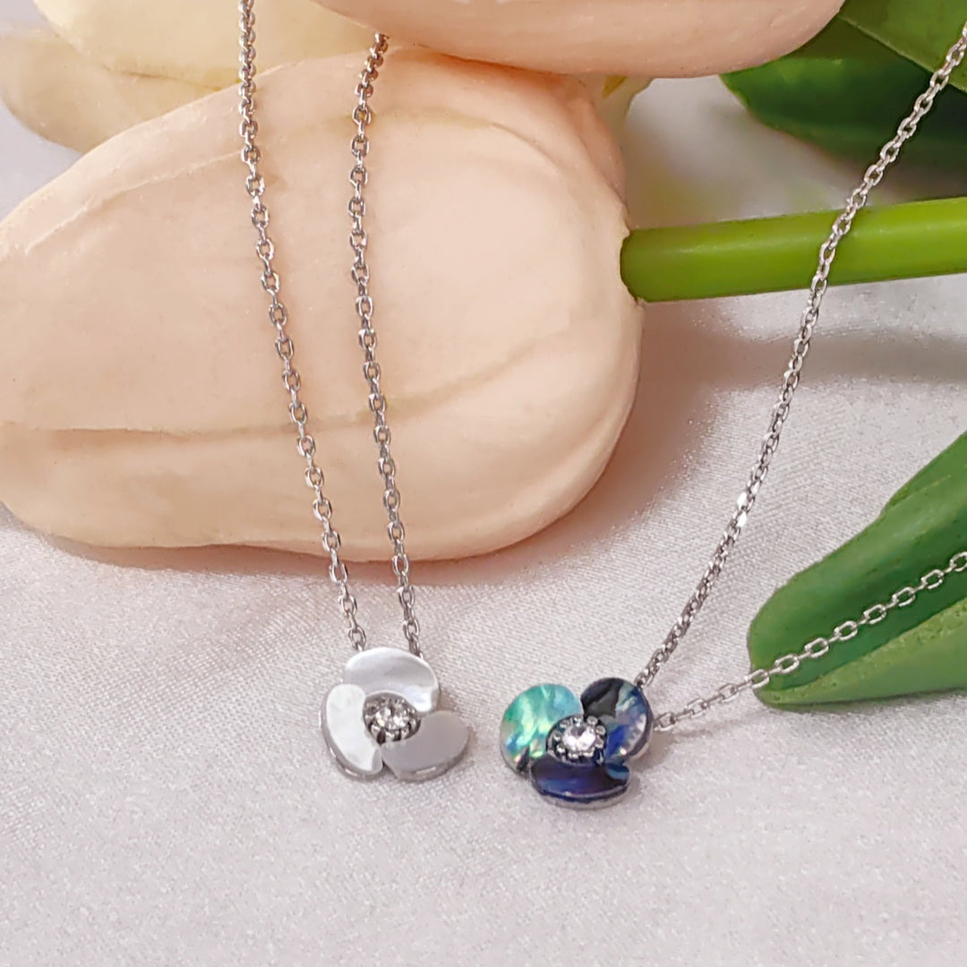 SO SEOUL Claire Mother of Pearl or Abalone Shell Three Flower Petal Necklace