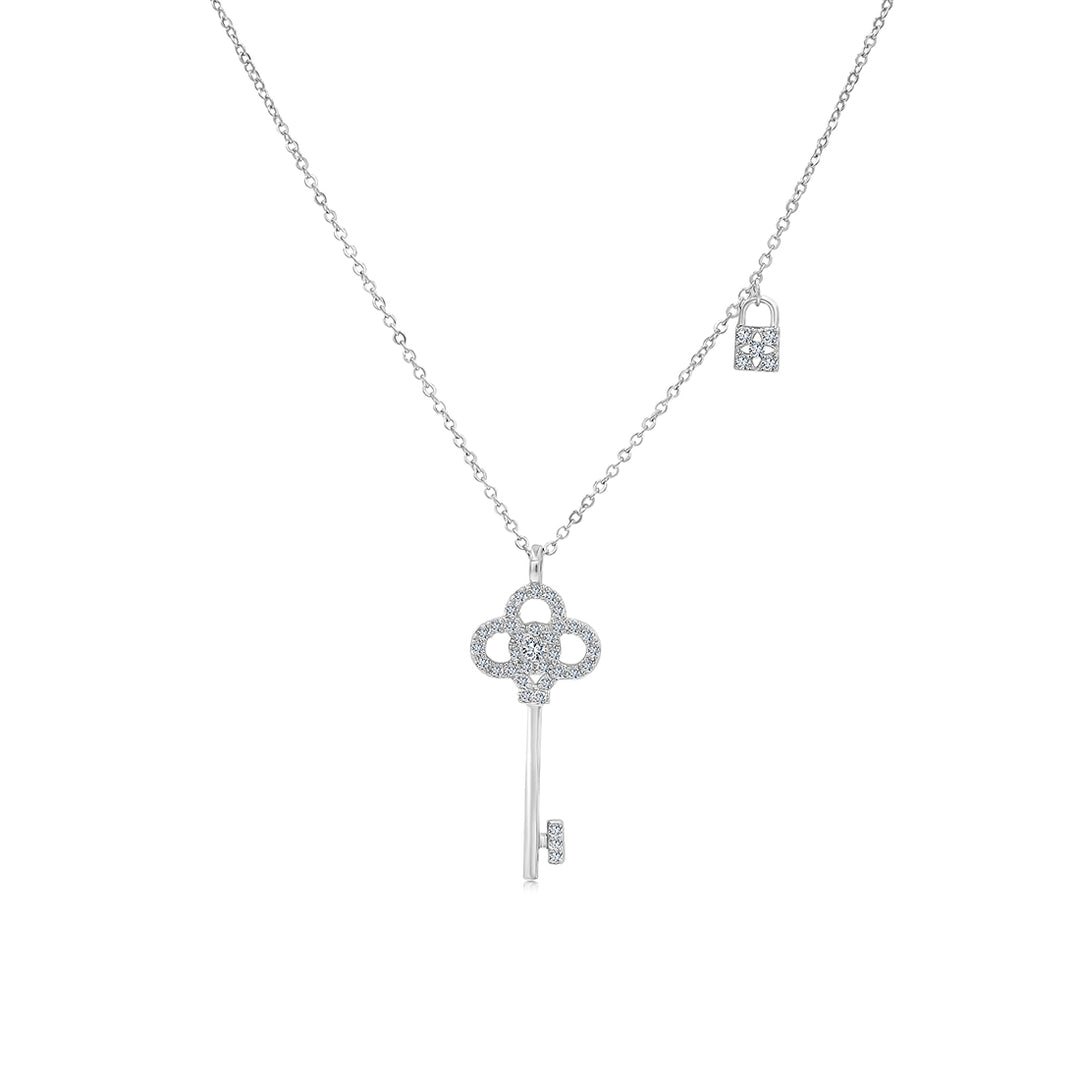 SO SEOUL Infinite Elegance Key and Lock Necklace with Diamond-Like Cubic Zirconia on Rhodium or Rose Gold Chain