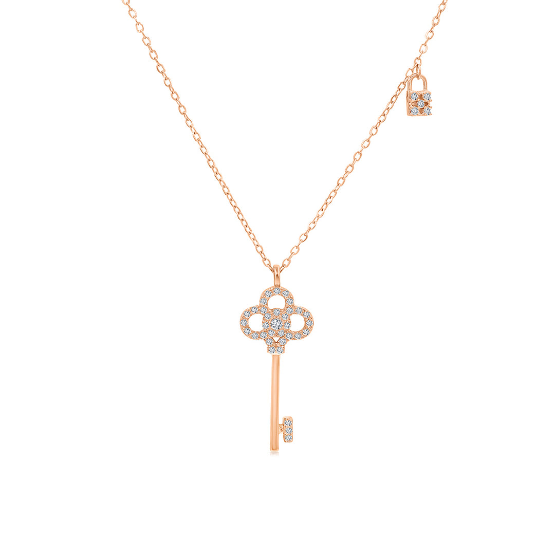 SO SEOUL Infinite Elegance Key and Lock Necklace with Diamond-Like Cubic Zirconia on Rhodium or Rose Gold Chain