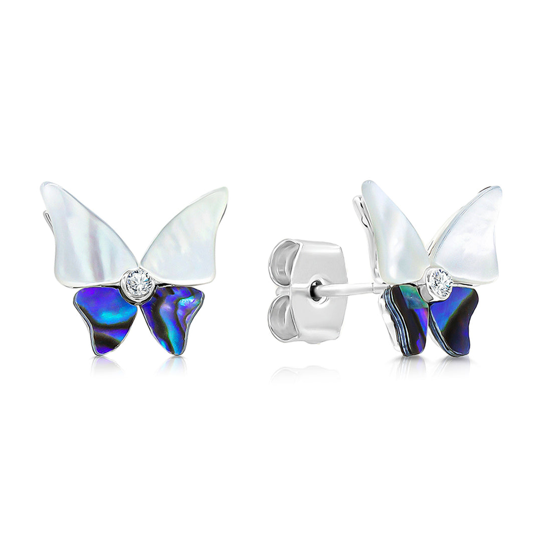 SO SEOUL Claire Flower Butterfly Mother of Pearl or Abalone Shell with Austrian Crystal Stud Earrings and Pendant Necklace Set