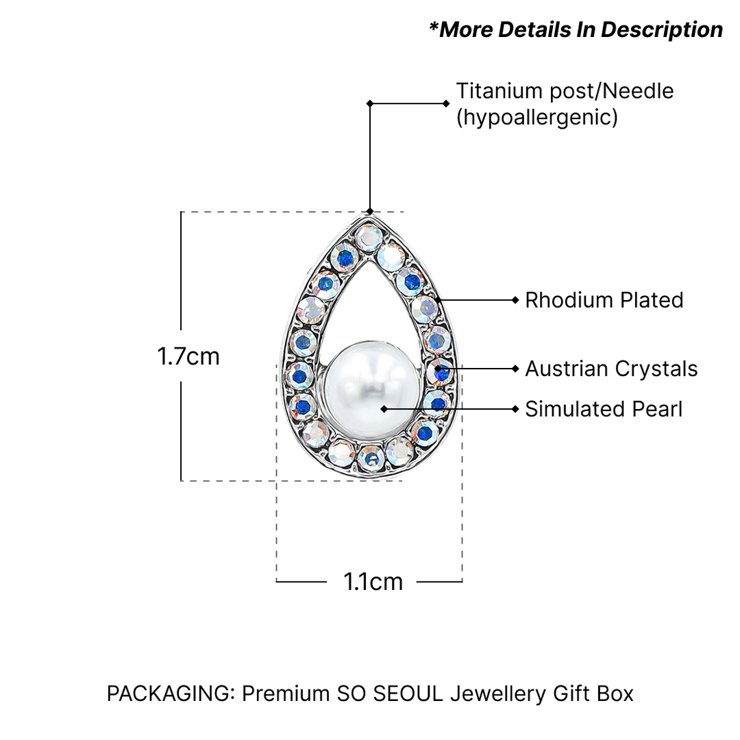 SO SEOUL Glimmering Teardrop Pearl and Austrian Crystal  Pendant Chain Necklace and Stud Earrings Set