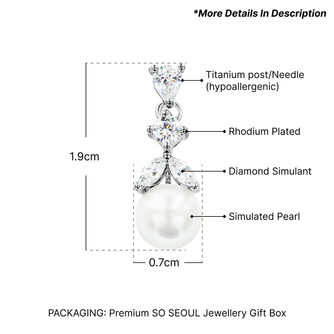 SO SEOUL Ioni Leaf Drop Dangling with Pearl Diamond Simulant Cubic Zirconia Stud Earrings
