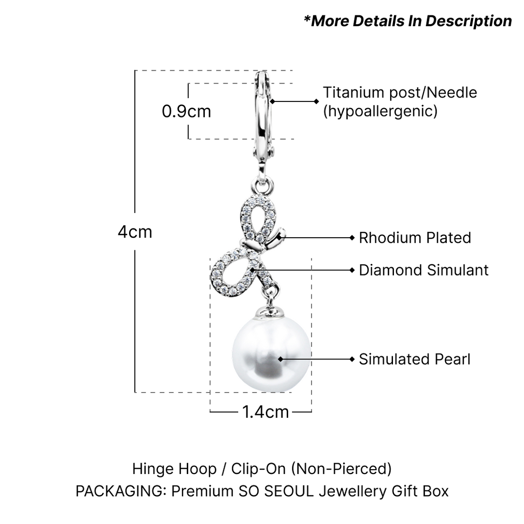 SO SEOUL Graceful Ribbon Bow with Pearl Dangle Solitaire Diamond Simulant Cubic Zirconia Left/Right Hoop Earrings