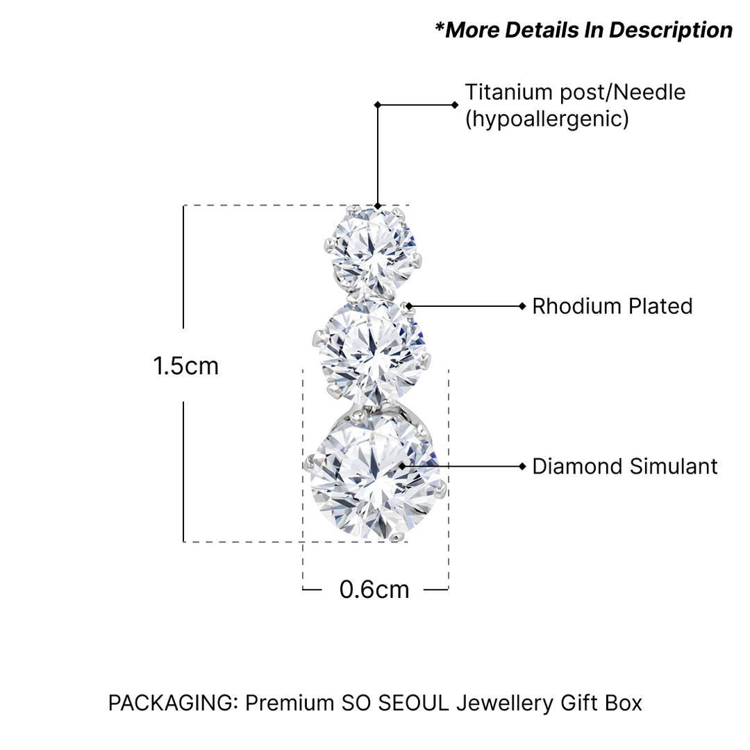 SO SEOUL Athena Triple Diamond Simulant Zirconia Solitaire Pierced Stud Earrings
