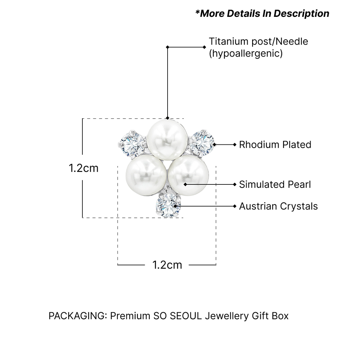 SO SEOUL Quinn Pearl in White Triple Round Diamond Simulant Cubic Zirconia Pierced Stud Earrings